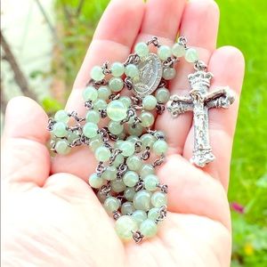 925 Antique SS green aventurine rosary cross charm